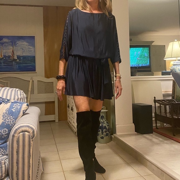 Ramy Brook New York M stud embellished navy mini-dress elastic waist tie belt - Picture 8 of 9